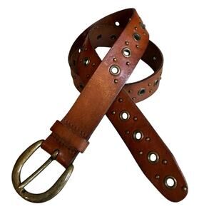 Fossil Tan Brown Leather Studded Belt with Antiqued Gold Buckle